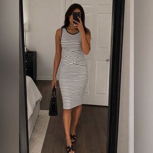 XOXO Women’s Black & White Striped Midi Sheath Dress – Size M Sleeveless Bodycon